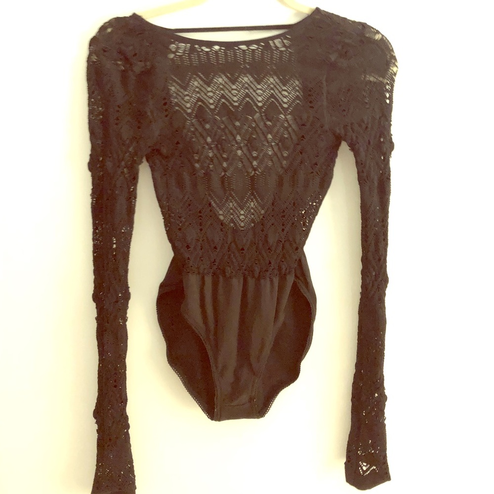 Long sleeve backless see through black bodysuit